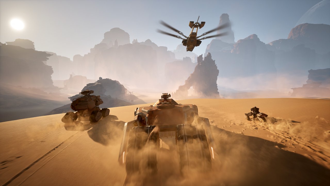 Bodenfahrzeuge fahren durch die Wüste von Arrakis