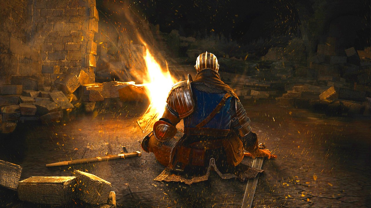 Ein Ritter sitzt am Leuchtfeuer.