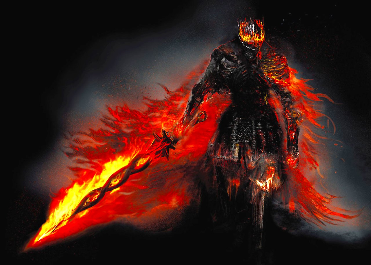 Der Endgegner "Soul of Cinder" aus Dark Souls 3 steht vor schwarzem Hintergrund.