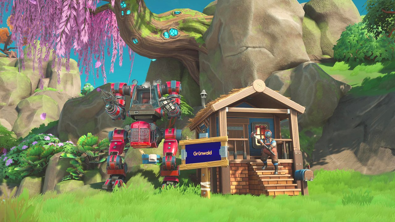 Die Spielfigur und der Mech stehen zusammen vor einer kleinen Hütte