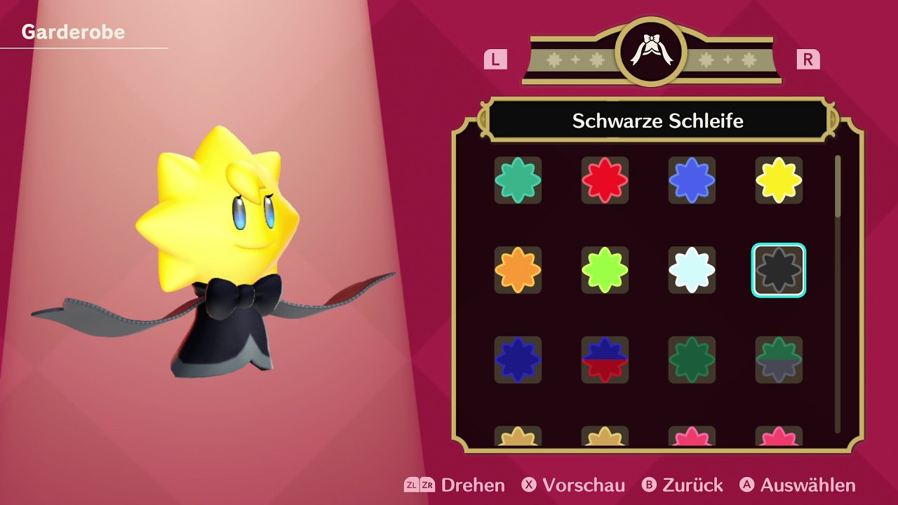 Stella probiert in der Garderobe die schwarze Schleife an