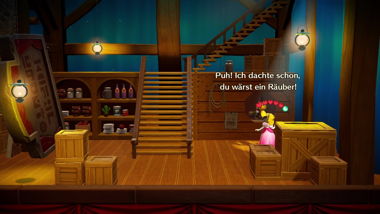 Peach befindet sich im ersten Cowgirl-Theaterstück in einem Raum mit dem Charakter, von dem sie eine Schleife erhält