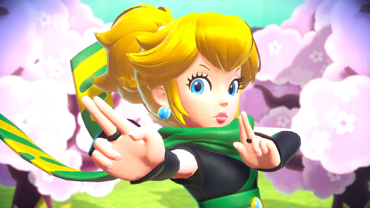 Prinzessin Peach posiert im Ninja-Kostüm