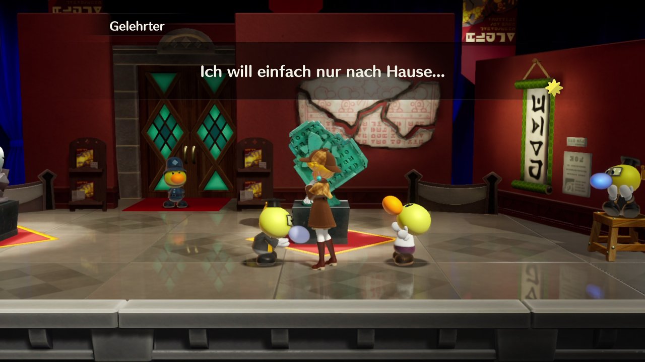 Detektivin-Peach spricht mit einem Wesen in dem Museum