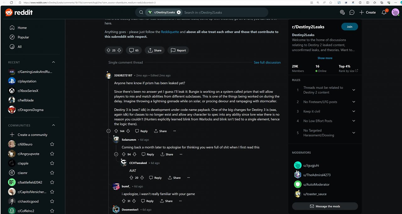 Der Reddit-Post des Destiny-Insiders