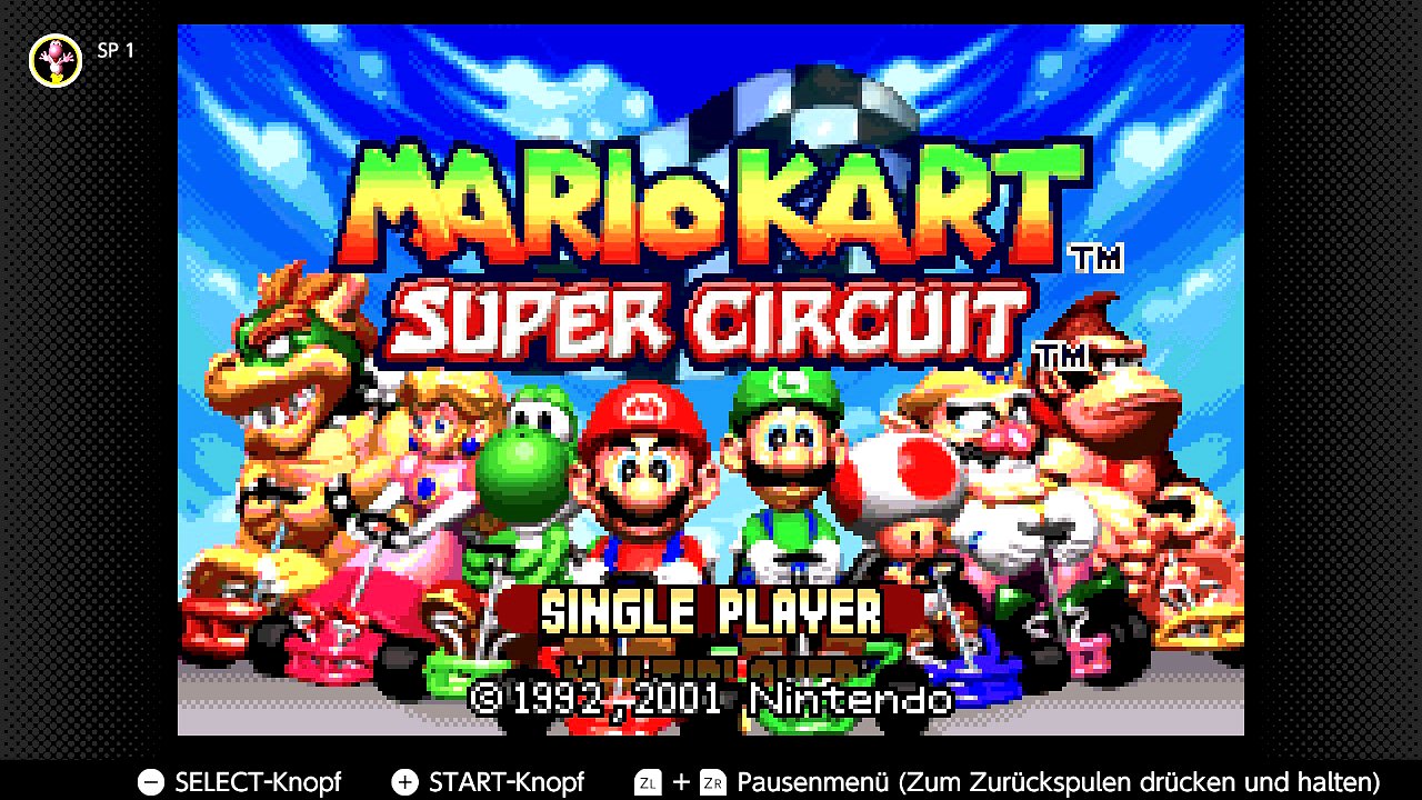 Der Startbildschirm von Mario Kart Super Circuit.