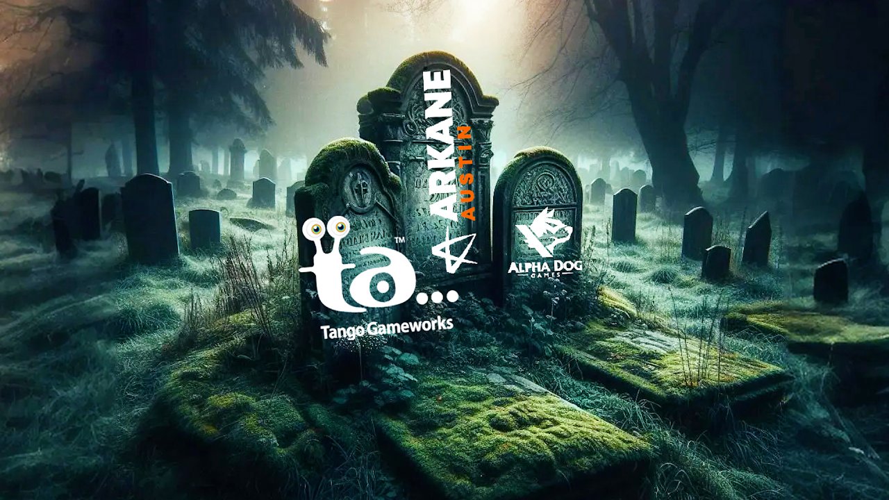 Drei Grabsteine mit den Logos der geschlossenen Studios