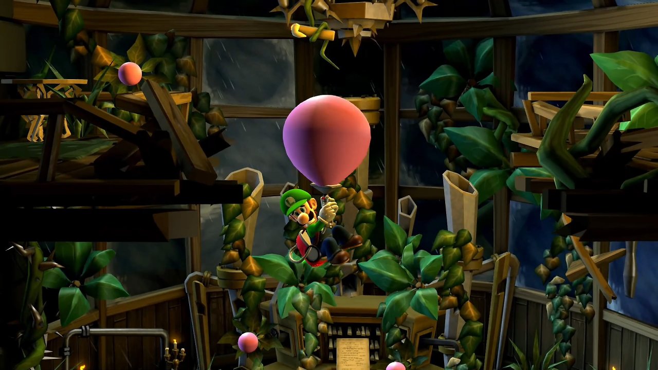 Luigi fliegt an einem Ballon durch eine Rätselpassage.