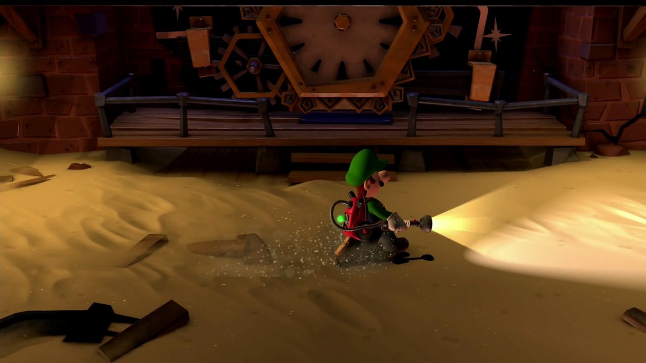 Luigi schlägt sich durch die alte Uhrenfabrik.