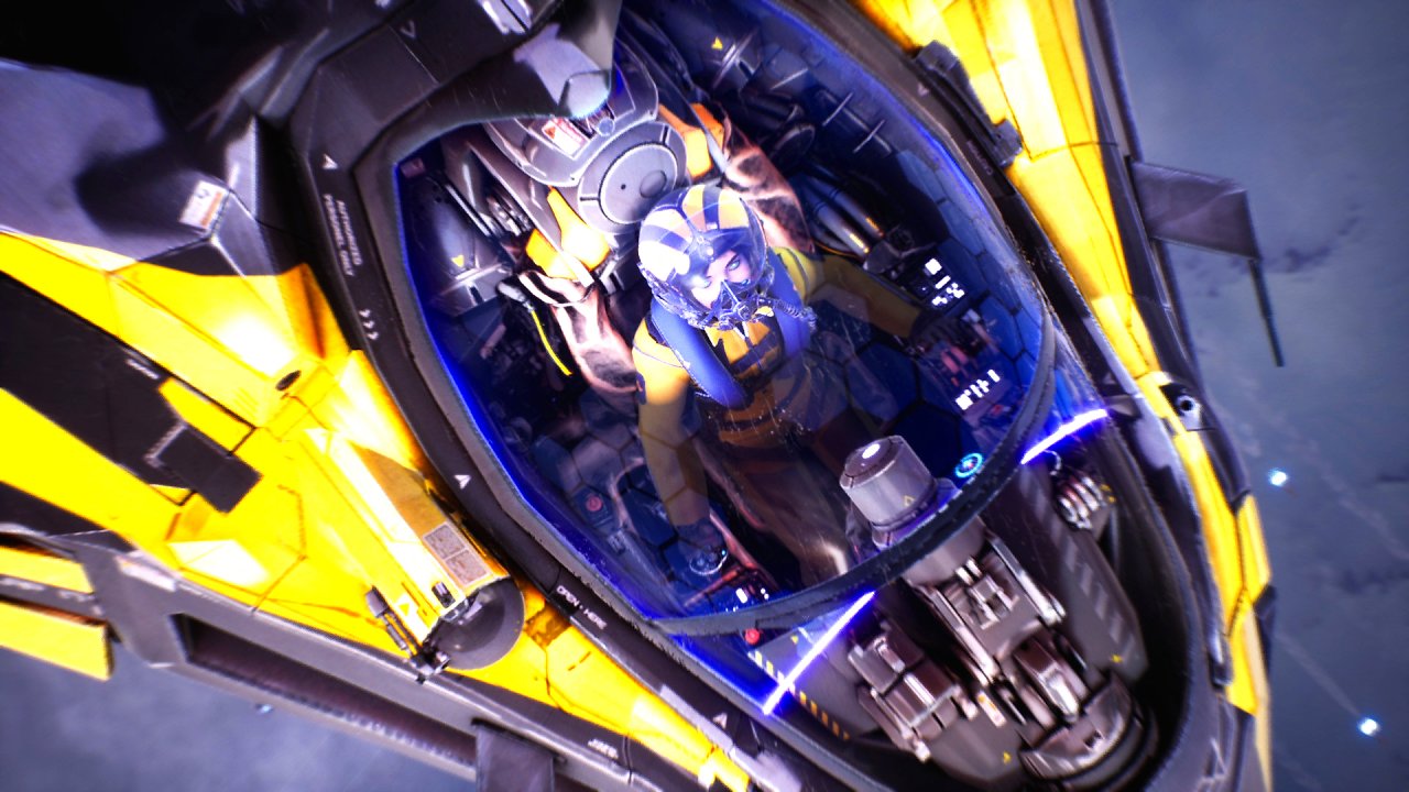 Pilotin Ava blickt aus ihrem Cockpit in die Kamera.