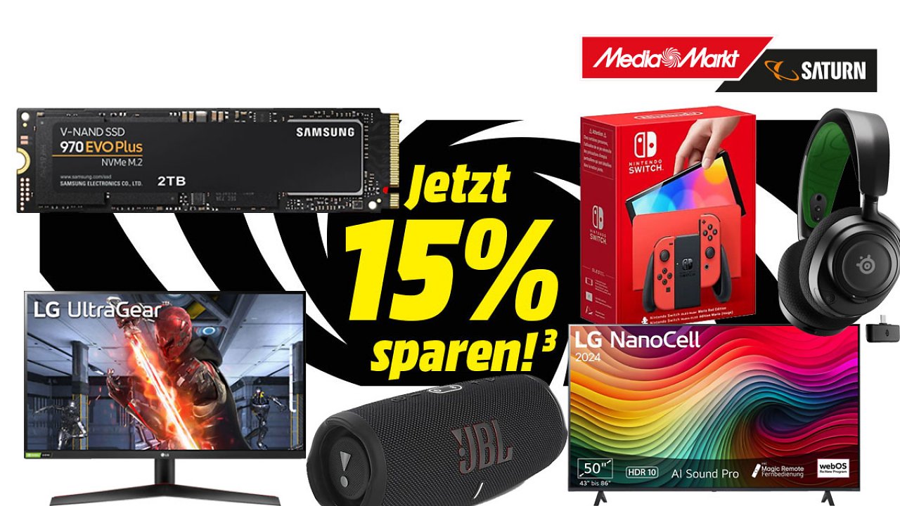 Kurz 15% Extra-Rabatt auf tausende Artikel: Gaming-Zubehör, Spielkonsolen, Fernseher uvm. bei MediaMarkt & Saturn