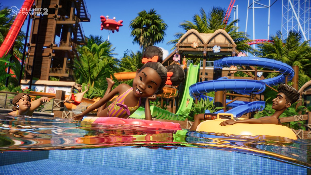 Poolscene mit Rutschen im Hintergrund