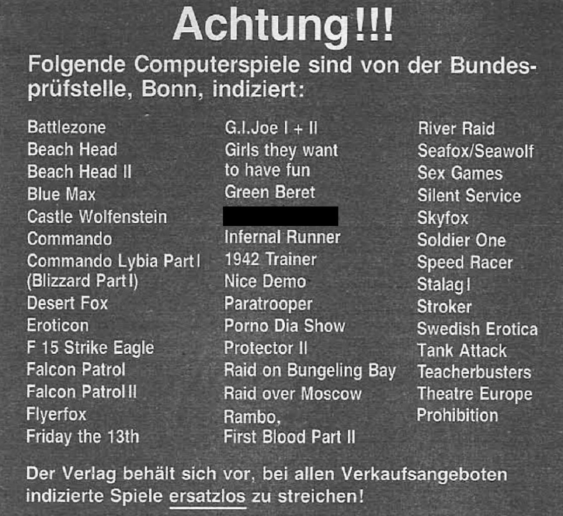 Die Zeitschrift ASM brachte 1987 in zwei ihrer Ausgaben diese Liste. Später verkniff der Verlag sich das, weil Gefahr bestand, dass auch Spielehefte indiziert werden. Der von uns geschwärzte Titel ist bis heute auf dem Index und staatsanwaltschaftlich beschlagnahmt, weil er die NS-Zeit verherrlicht.