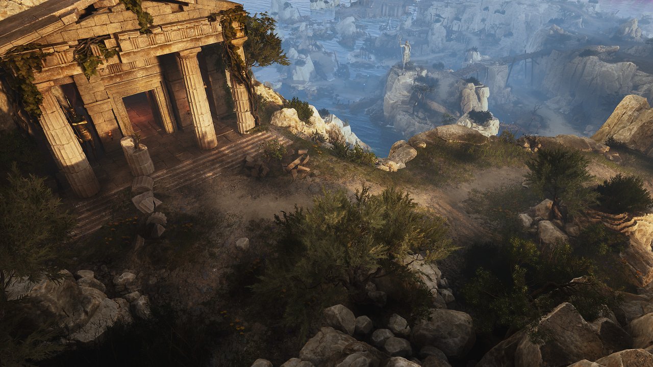 Die beleuchtete Landschaft zeigt eine Ruine und eine Klippe.