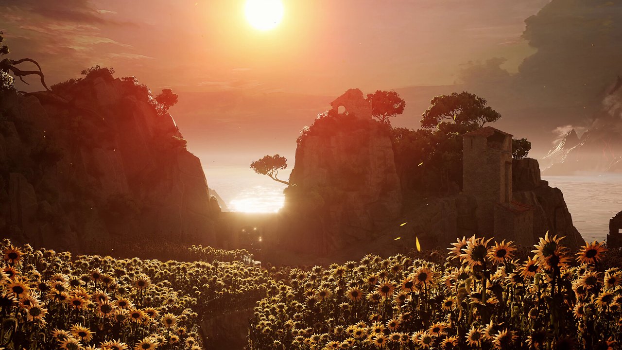 Eine Landschaft mit Blumen und Bergen