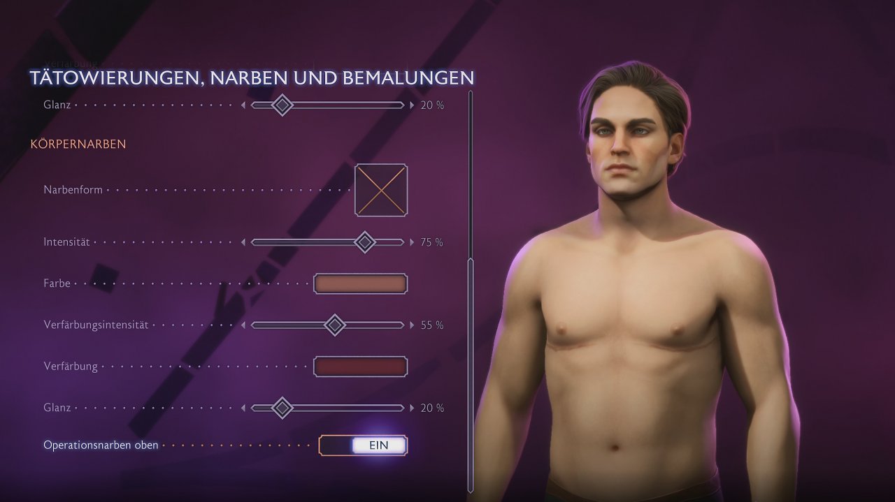 Person im Charakter-Editor mit Operationsnarben an der Brust