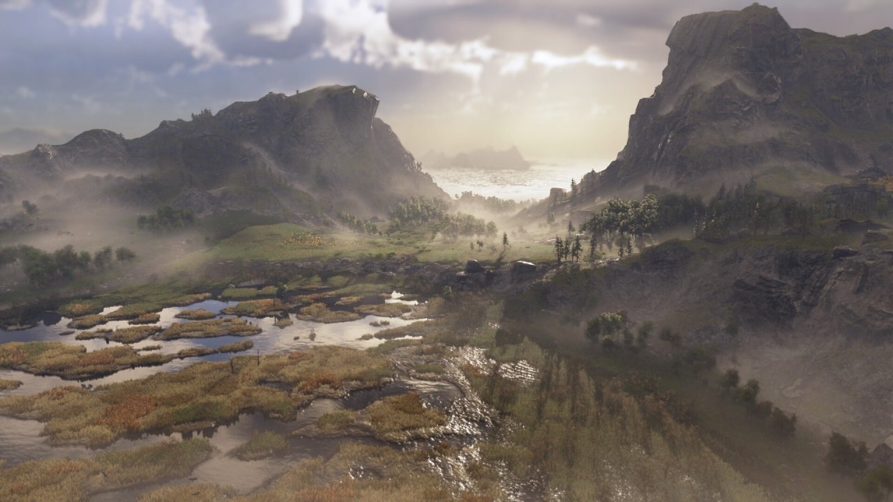 Eine Sumpflandschaft aus Anno 117. Im Hintergrund ein Gebirge und grüne Wälder.