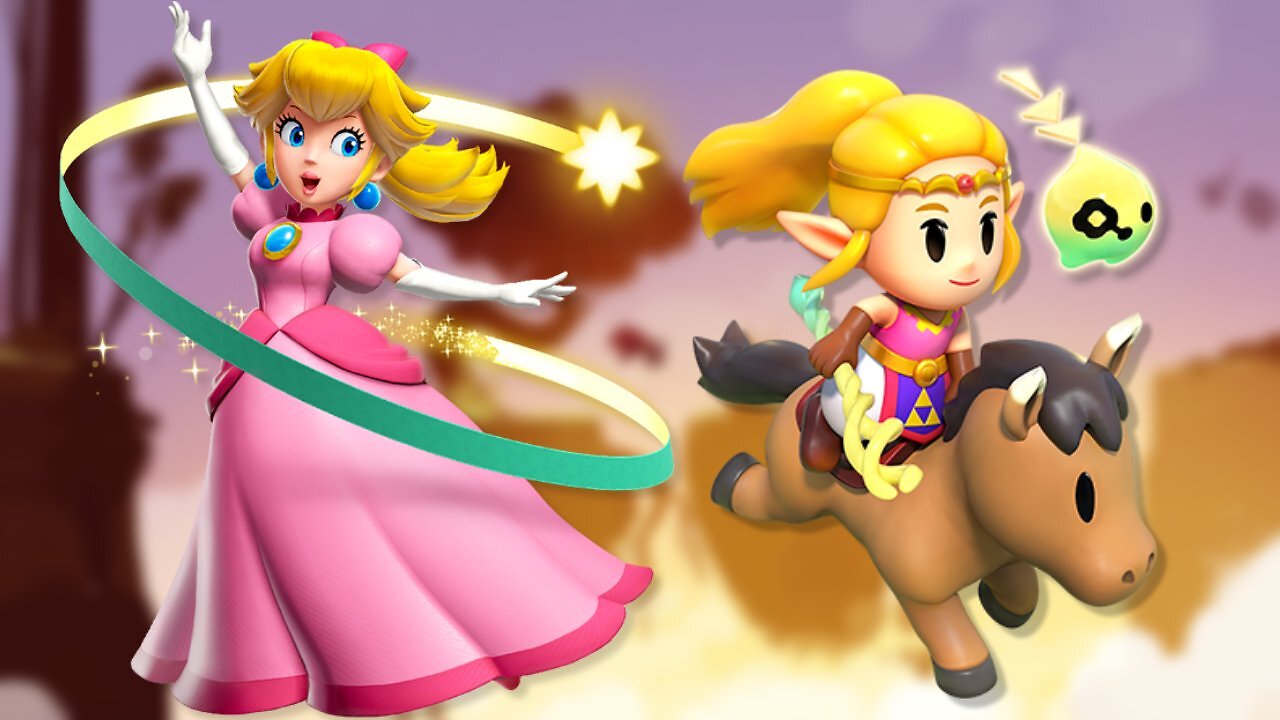 Peach und Zelda vor einem Bild aus Neva