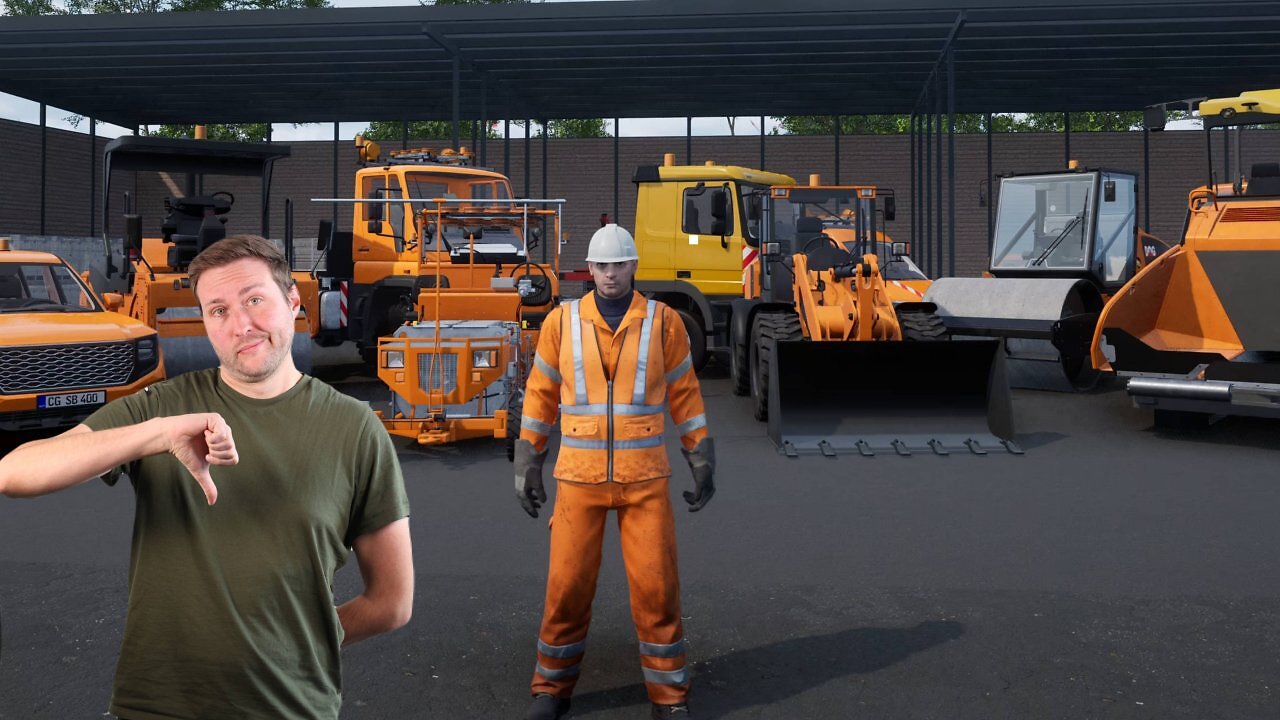 Der Autor des Artikels zeigt im Titelbild des Straßenmeisterei Simulators 2 einen Daumen nach unten