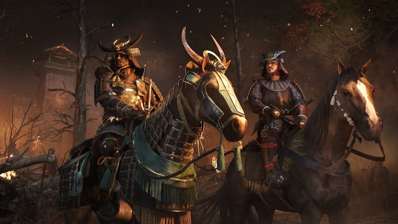 Yasuke und Oda Nobunaga sitzen auf Pferden und beobachten eine Schlacht.
