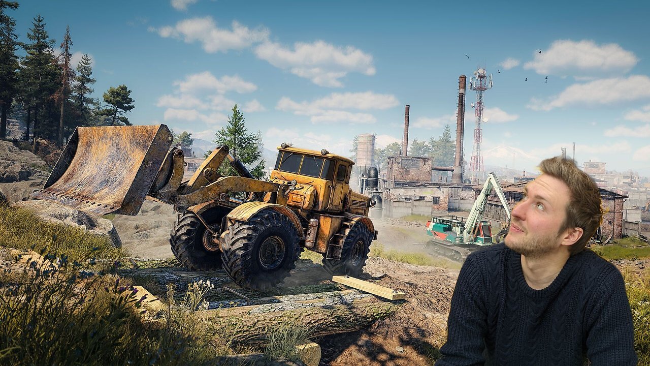 Ein Bagger vor einer Fabrik