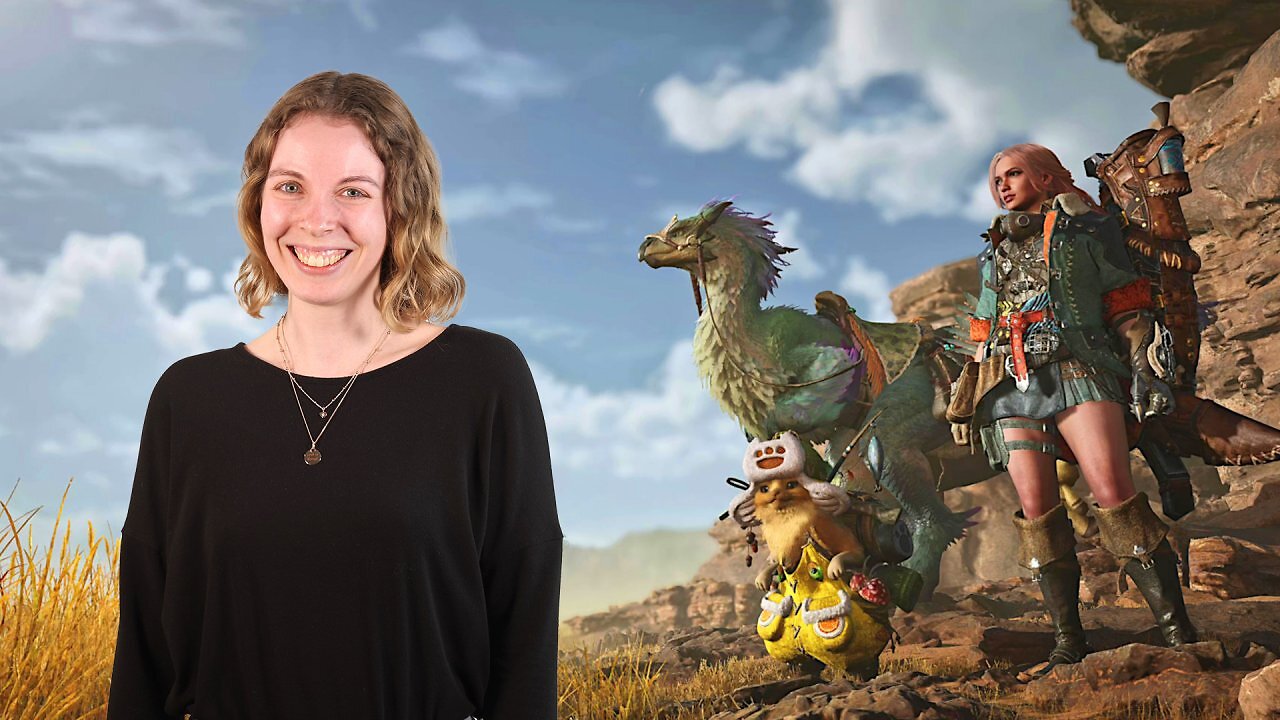 Die Autorin neben Jägerin, Palico und Saikrii aus Monster Hunter Wilds