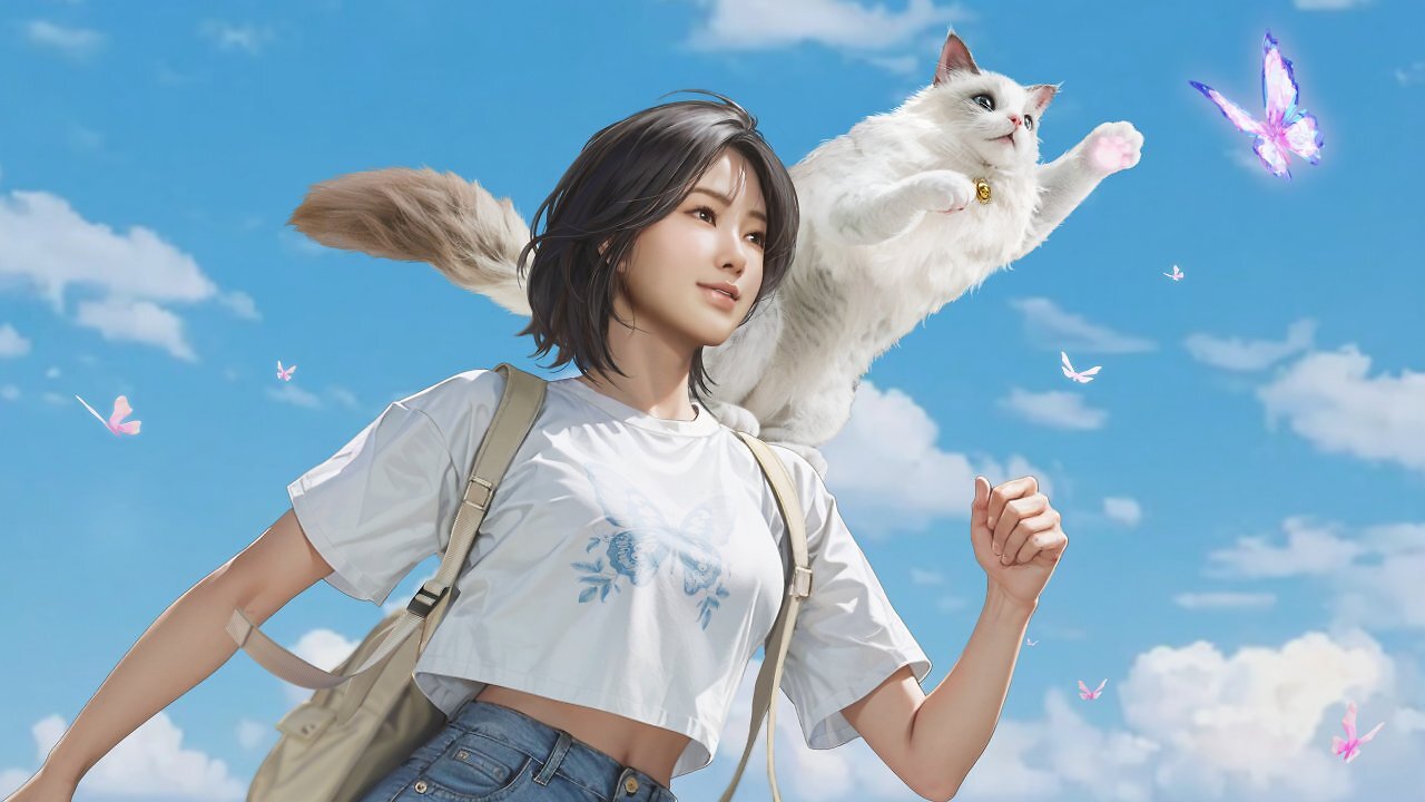inZOI Frau mit Katze vor Himmel
