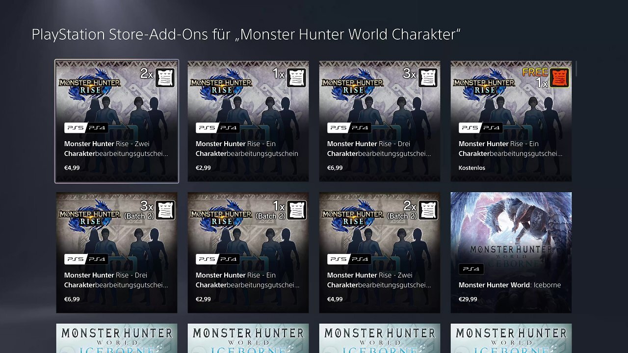 Charakterbearbeitungsgutscheine für Monster Hunter World im PlayStation Store