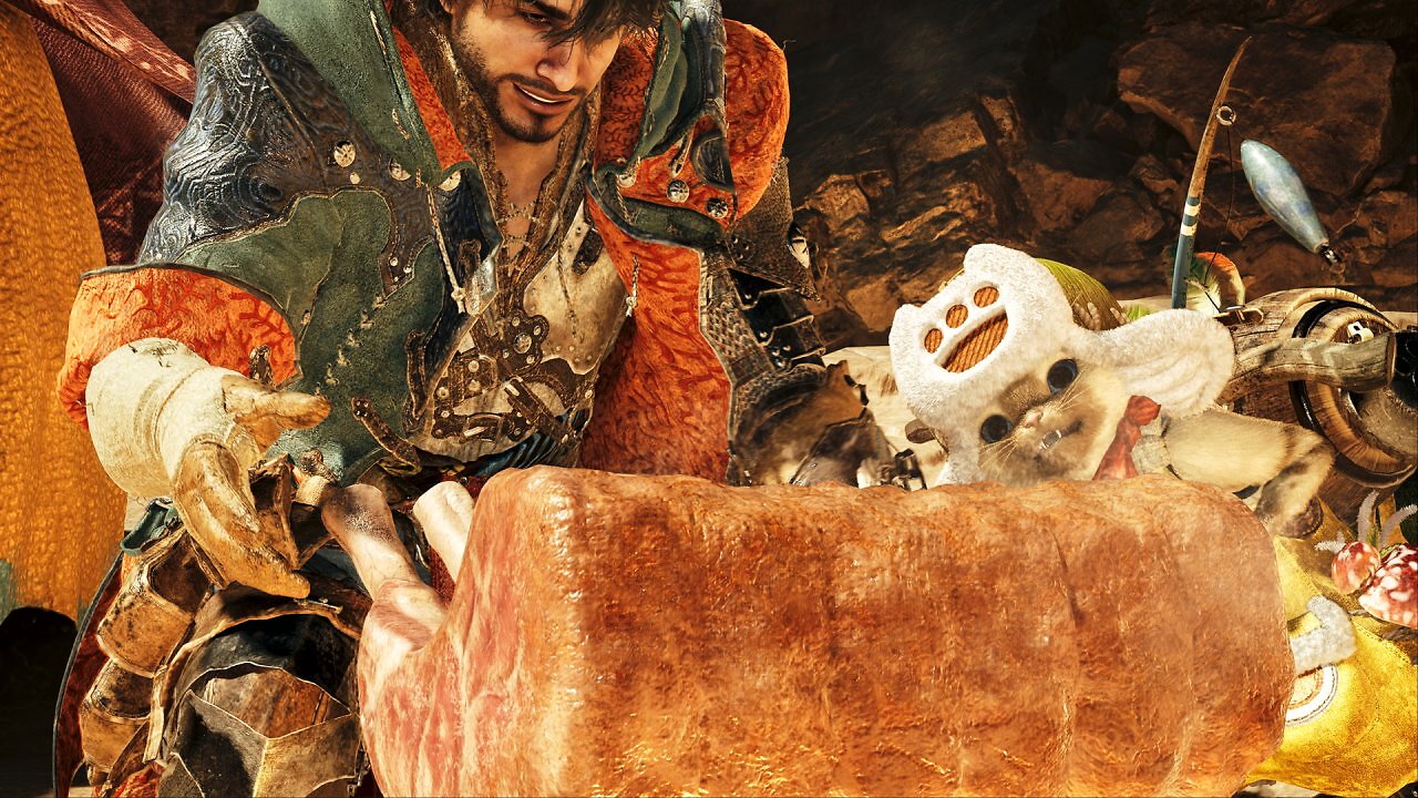 Der Spielercharakter und Palico grillen Fleisch