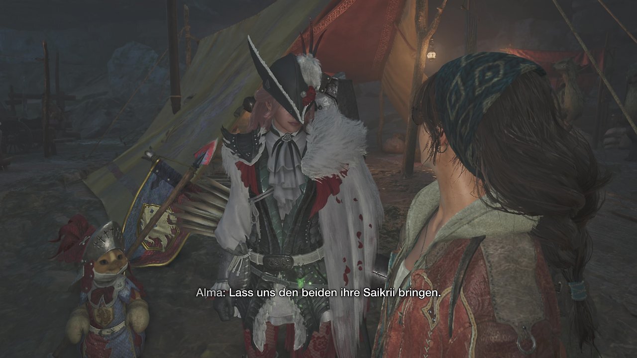 Jägerin und Palico neben Alma aus Monster Hunter Wilds
