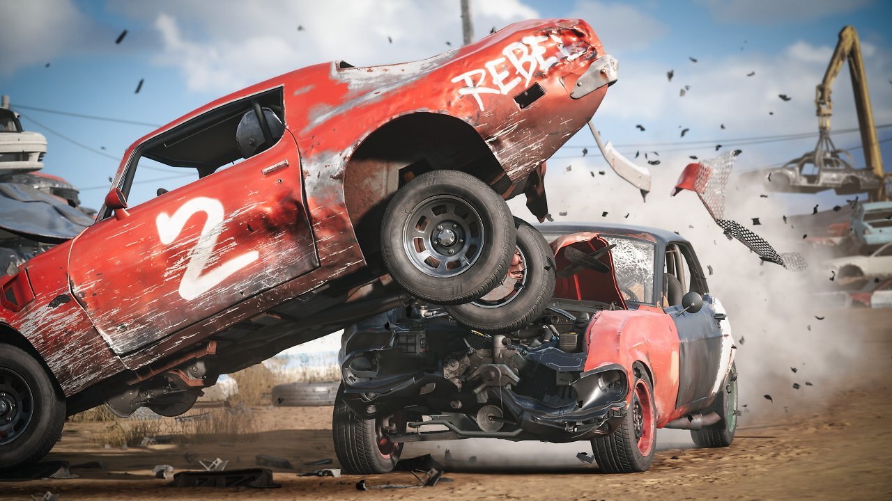Zwei rote Fahrzeuge crashen in Wreckfest 2