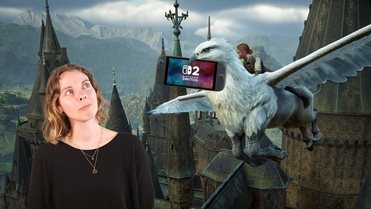 Die Autorin neben einem Hippogreif, der eine Nintendo Switch 2 im Schnabel hält