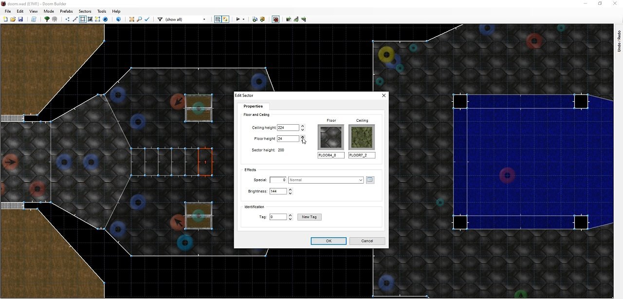 [27/06/2025] Der Level E1M1, hier geöffnet im Editor Doom Builder 2 (2025). Man sieht deutlich: Jeder Sektor bekommt Höhenwerte für Boden und Decke zugewiesen.