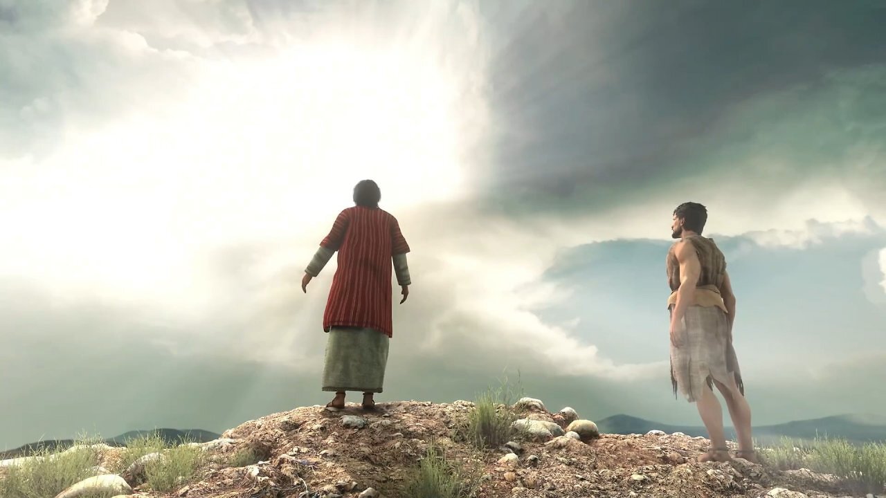 Jesus und ein zerlumpter Mann stehen auf einer Klippe.