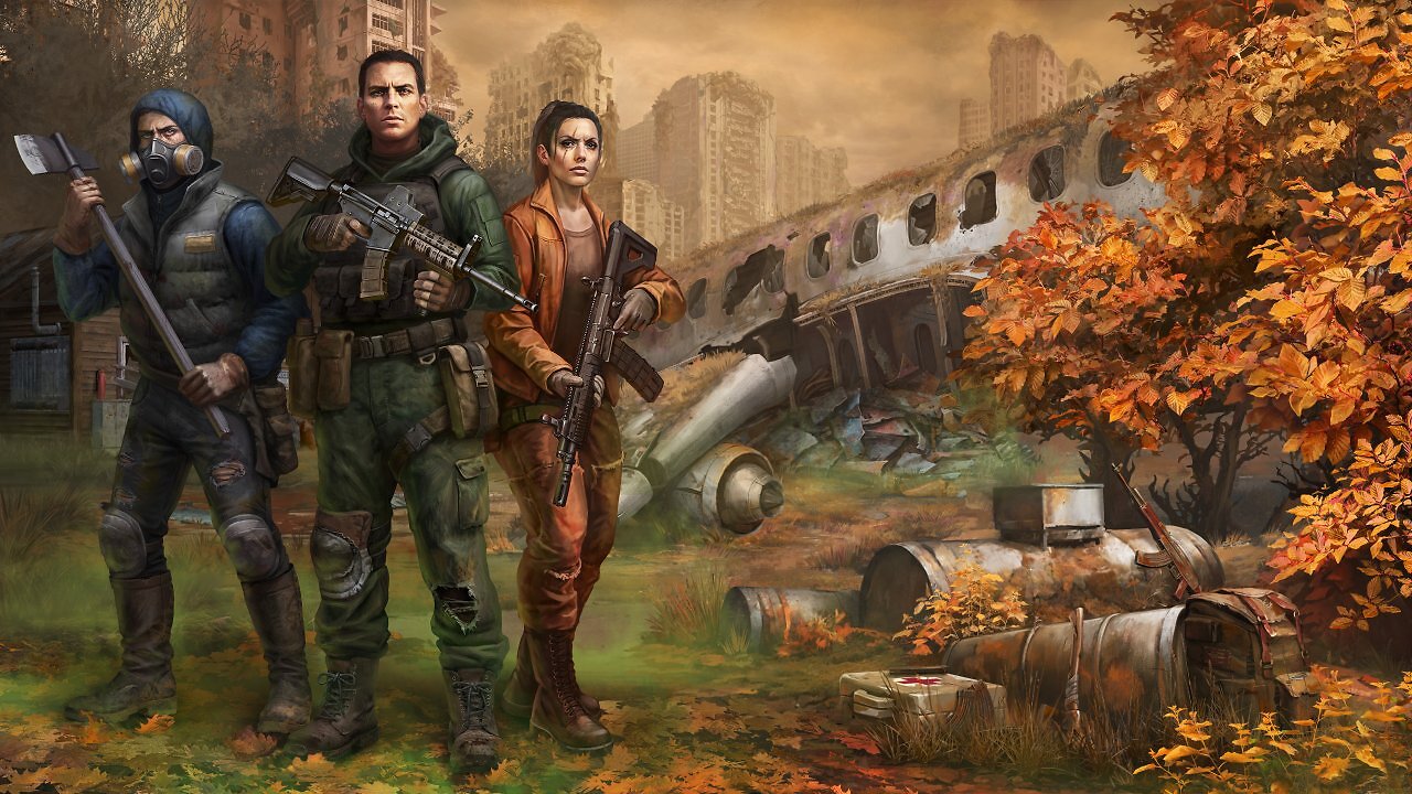 Drei Charaktere aus Survive the Fall stehen vor einer Flugzeugruine.