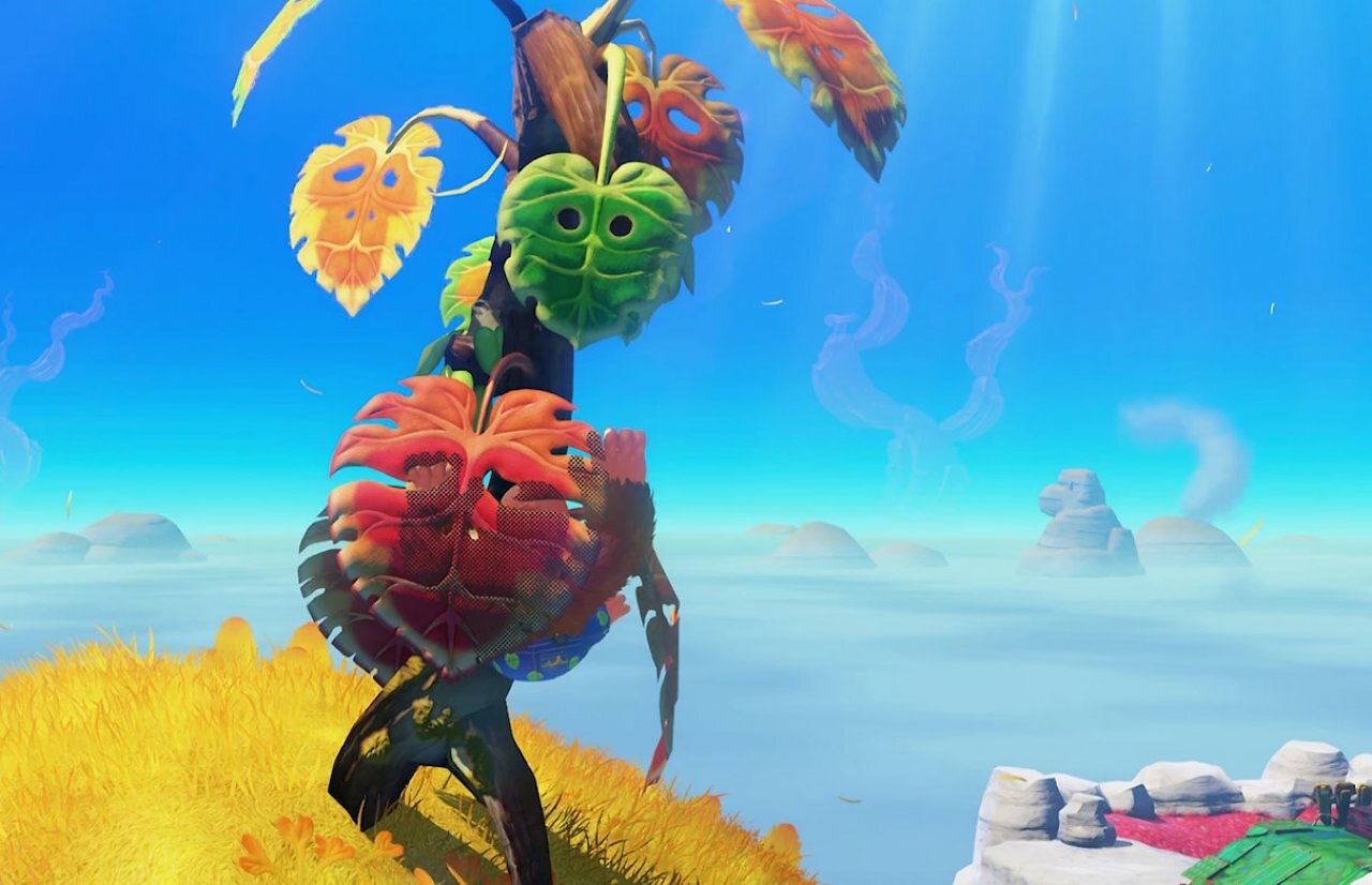 Ein Baum in Donkey Kong Bananza dessen Blätter Ähnlichkeiten zu den Krogs aus The Legend of Zelda aufweisen.
