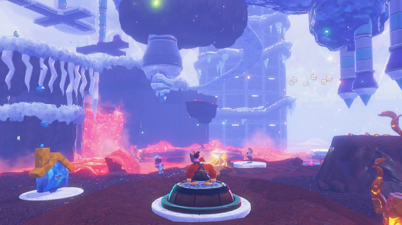 Donkey Kong entdeckt einen Lavasee unter der Gletscherschicht.