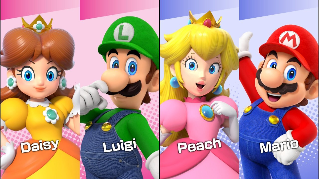 Daisy und Luigi spielen gegen Peach und Mario
