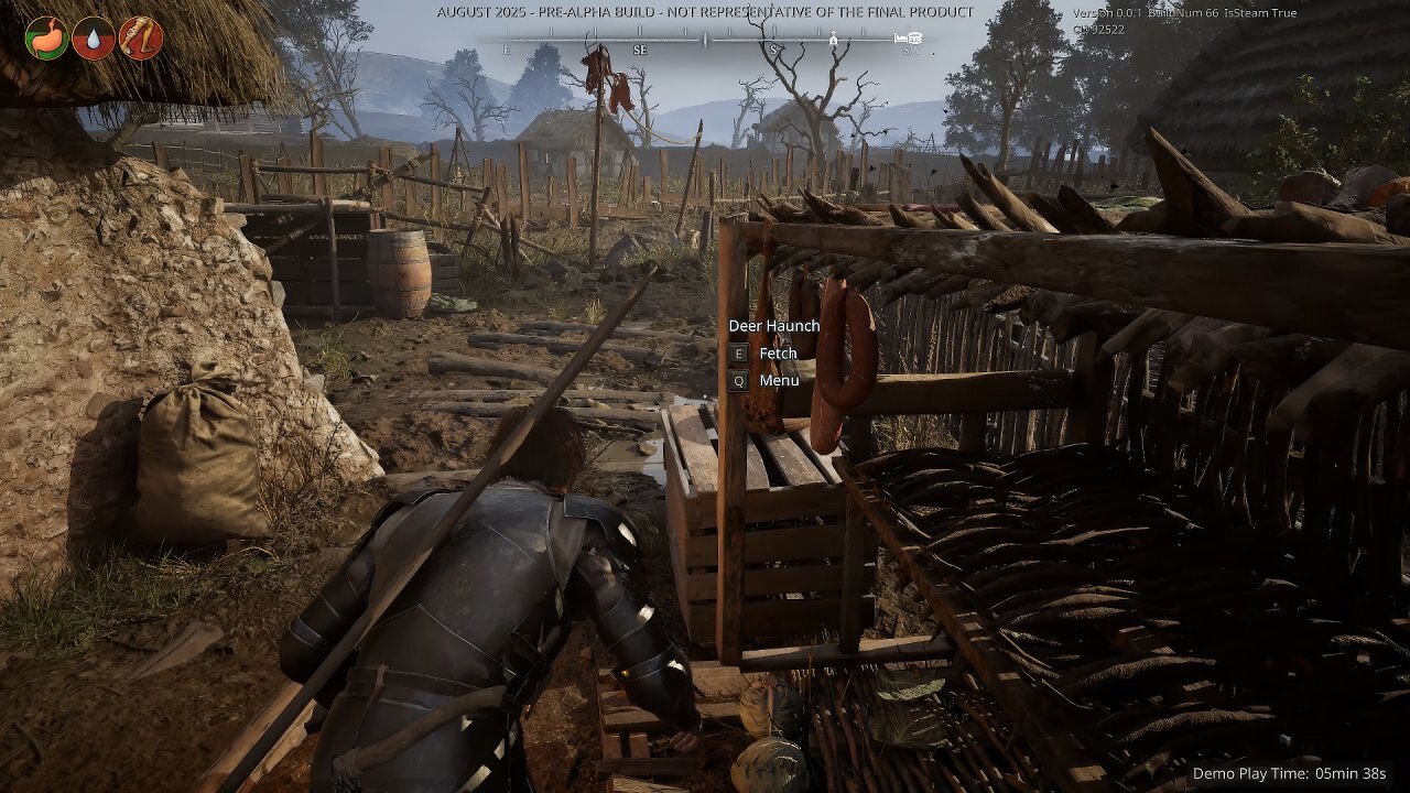 [22/08/2025] Die Survival-Mechaniken sind zurzeit zwar noch nicht richtig ausgeprägt, jedoch verspürt eure Spielfigur Hunger und Durst. Lasst sie also nicht zu lange ohne Stärkung auskommen.