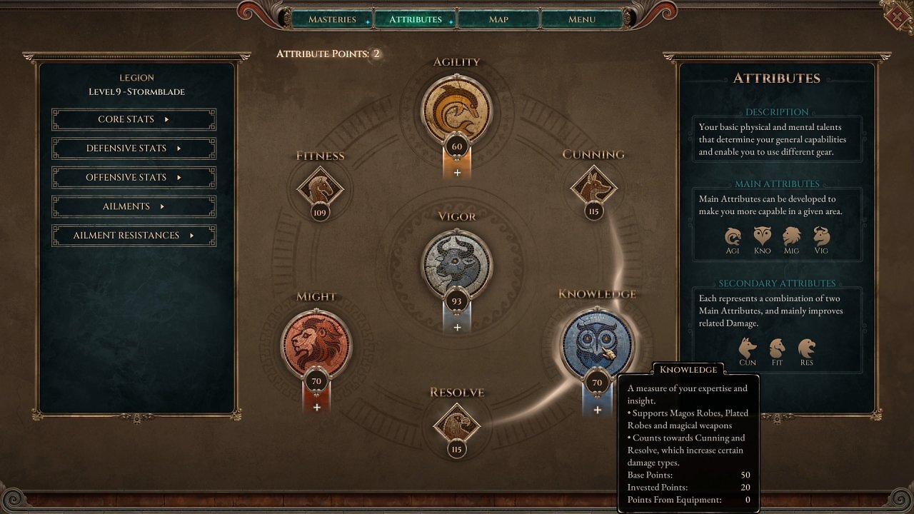 Drei Grundattribute und dazu passende Kampfwerte bilden die Basis für euren Build.