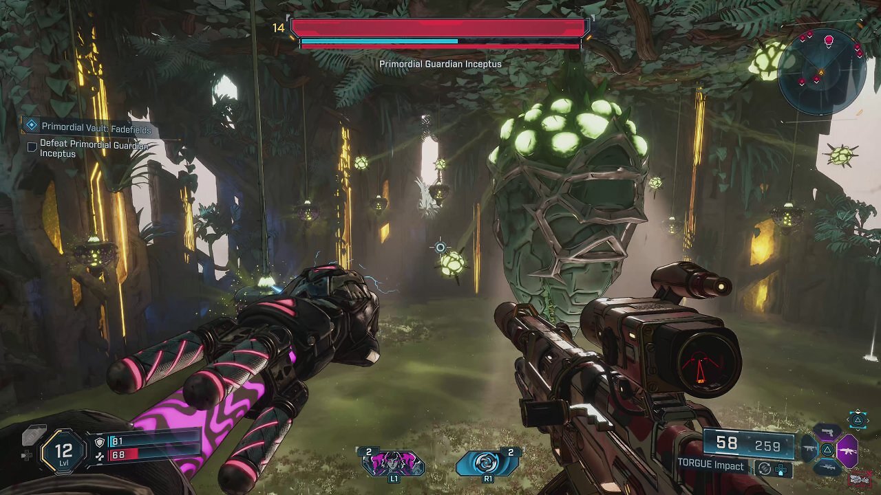[11/09/2025] Im Design der Bosskämpfe machen die Entwickler sehr viel Gebrauch von den neuen Bewegungsfähigkeiten der Kammerjäger. Hier müssen wir uns per Greifhaken und Gleiten in der Luft halten.