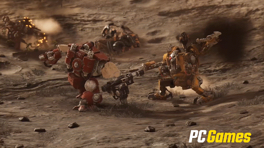 [12/09/2025] Wunderschön animiert: Zwei Mechs der Space Marines und Orks prügeln sich, ringen miteinander.