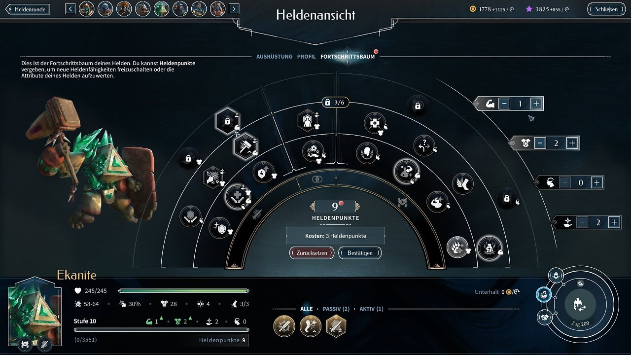 [26/09/2025] Wie im Vorgänger schaltet ihr für alle Helden neue Talente und Vorteile frei. Neu sind die vier Hauptattribute (rechts im Bild).