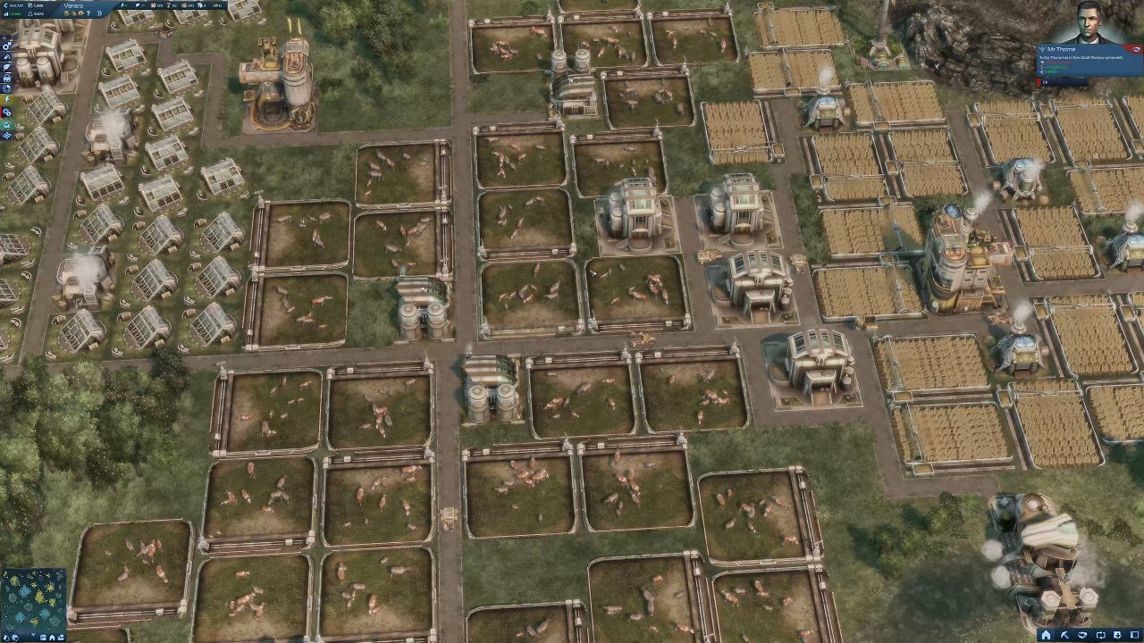 Eine Produktionsinsel in Anno 2070 mit zahlreichen Feldern.