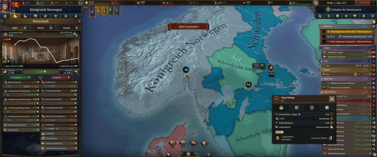 Die Spieloberfläche von Europa Universalis 5: Eine farbige Landkarte mit unzähligen Menüs.