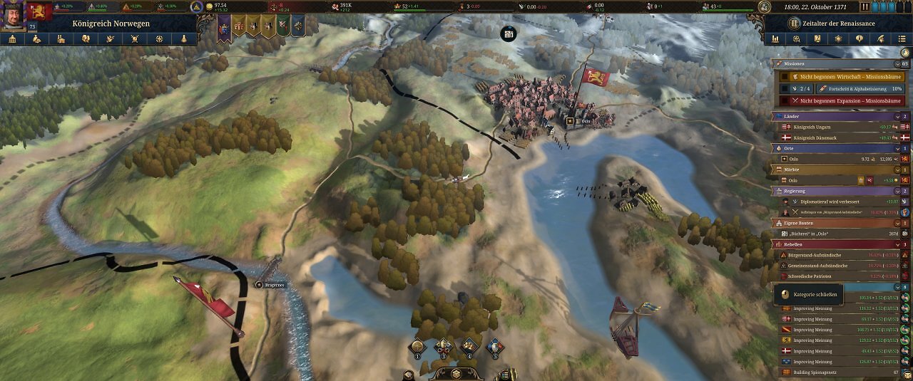 Die Spieloberfl&auml;che von Europa Universalis 5: Eine farbige Landkarte mit unz&auml;hligen Men&uuml;s.