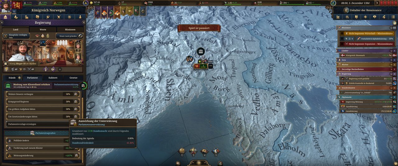 Die Spieloberfläche von Europa Universalis 5: Eine farbige Landkarte mit unzähligen Menüs.