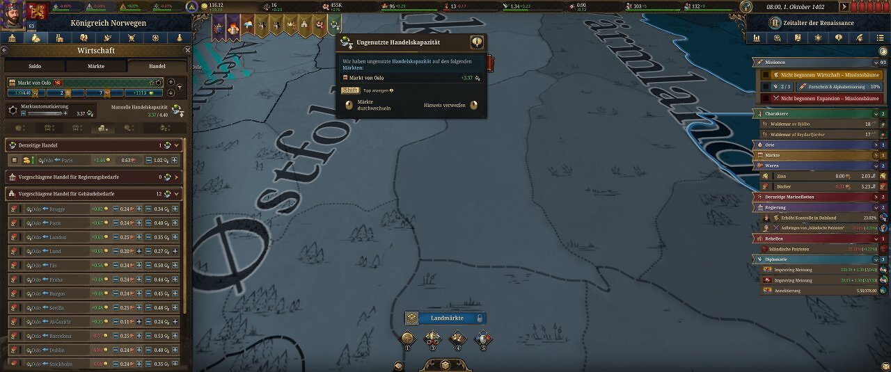 Die Spieloberfläche von Europa Universalis 5: Eine farbige Landkarte mit unzähligen Menüs.
