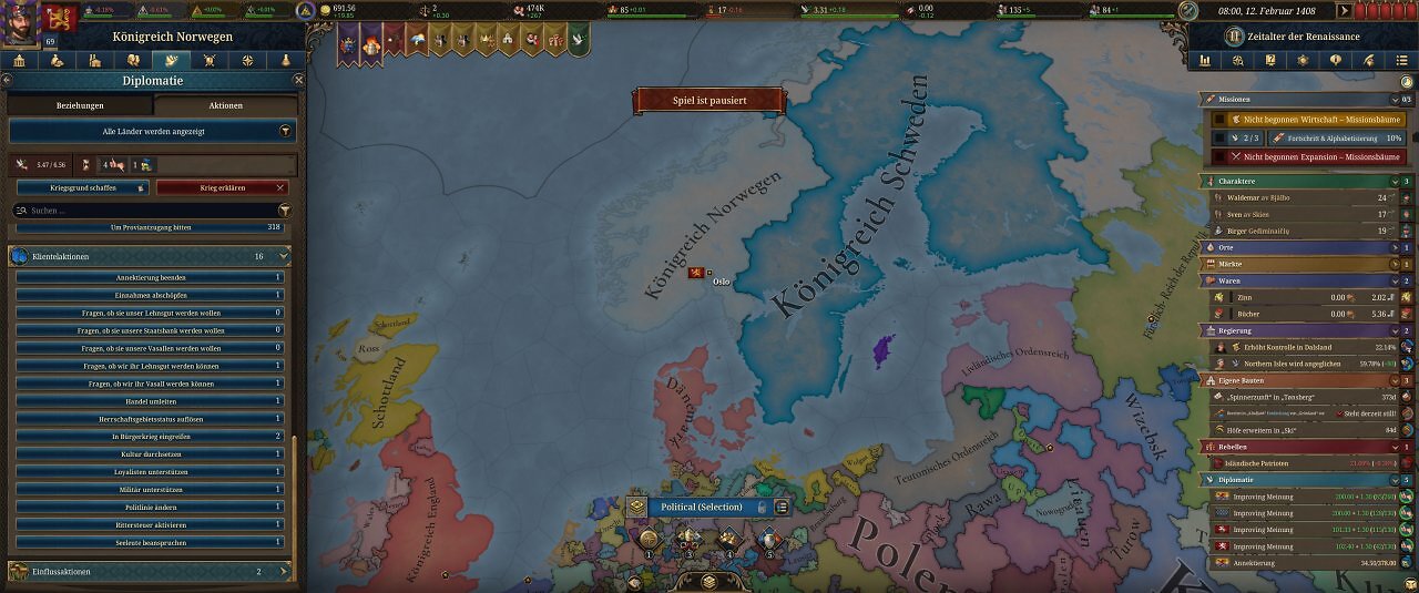 Die Spieloberfläche von Europa Universalis 5: Eine farbige Landkarte mit unzähligen Menüs.