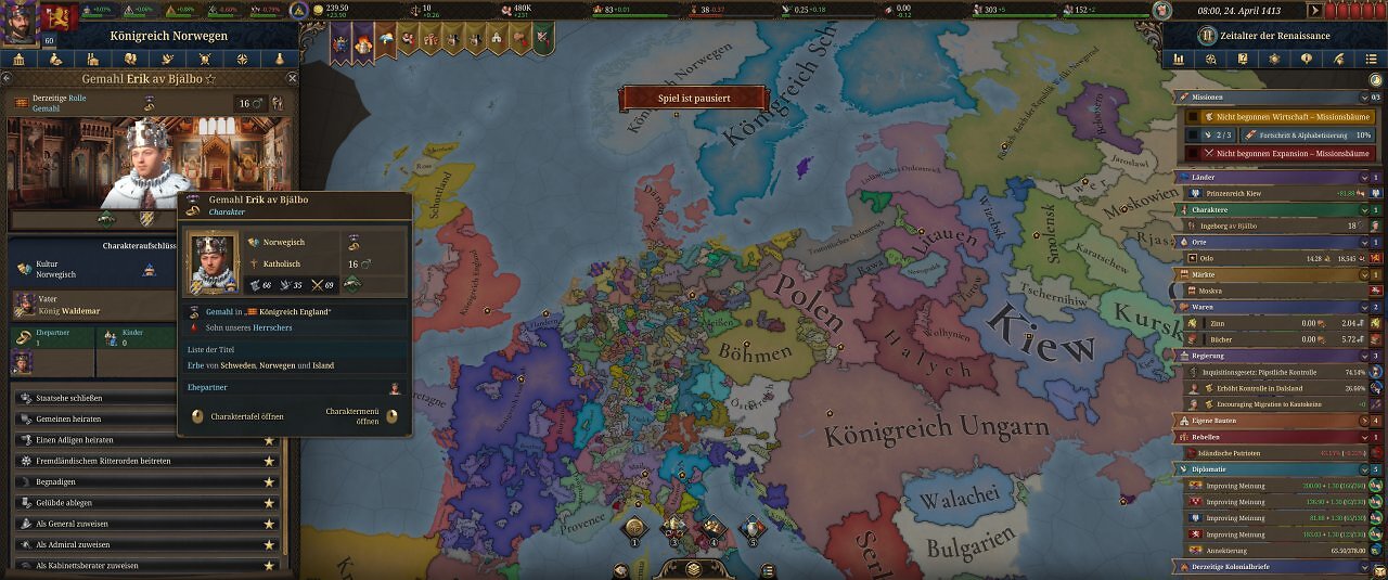 Die Spieloberfläche von Europa Universalis 5: Eine farbige Landkarte mit unzähligen Menüs.